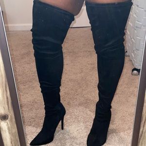 Black faux suede thigh boots. 4 inch heel